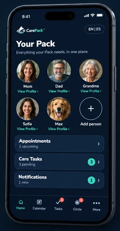 CarePack app home screen showing family profiles, appointments, care tasks and notifications